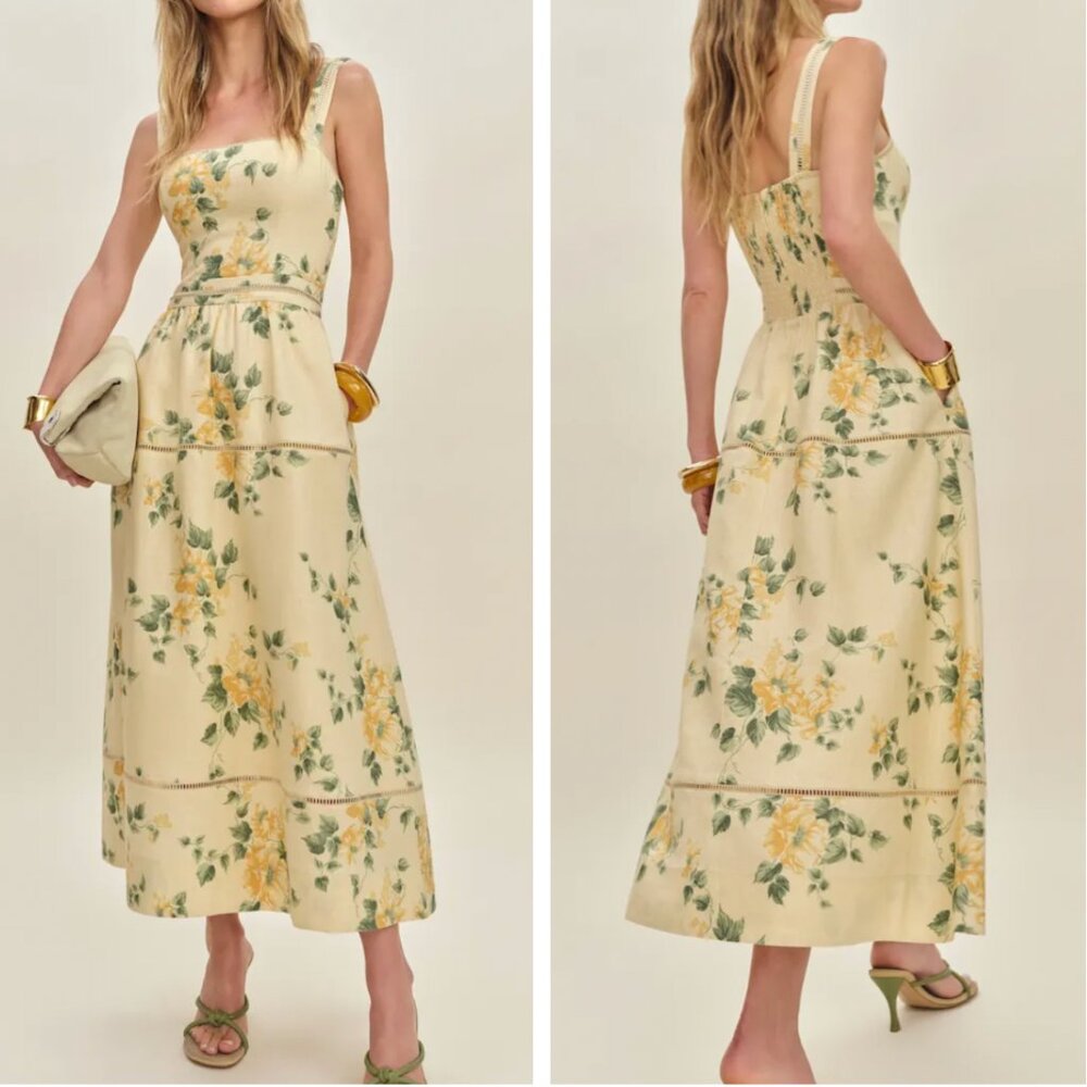 Reformation Floral Midi Dress in Cream and Yellow